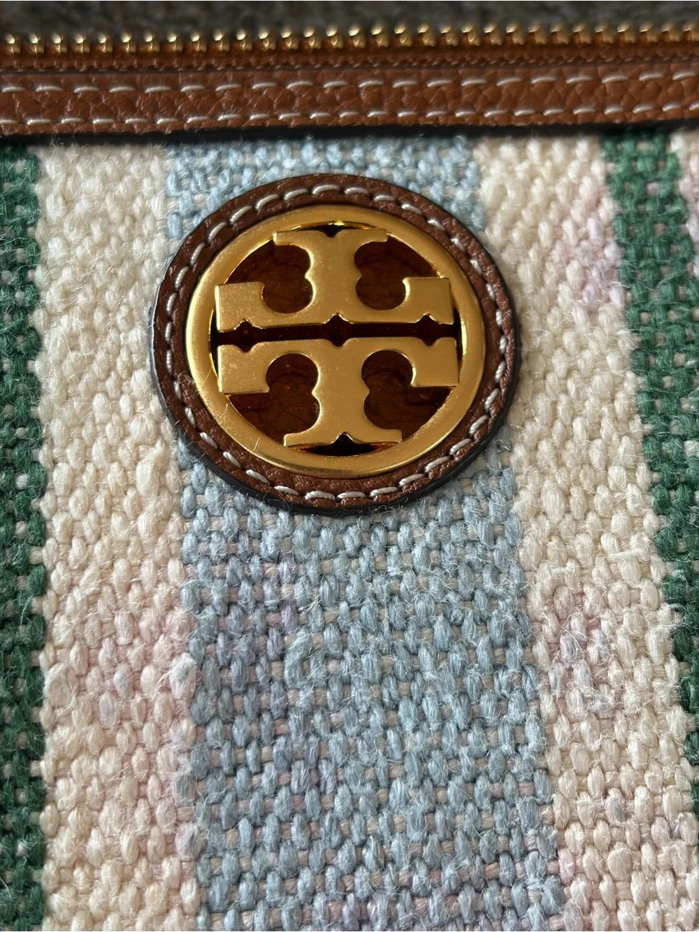 Tory Burch Cream Canvas Crossbody with Brown Trim and Green/Blue Stripes